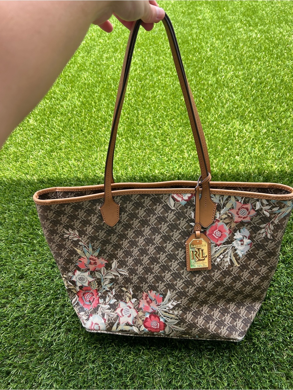 Ralph Lauren Floral Canvas Tote Bag with Leather Trim - Brown/Red - Picture 2 of 6